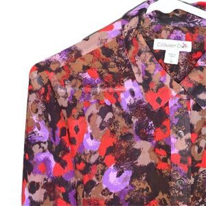 Coldwater Creek Button Down Women L 14 Long Sleeve Purple Red Brown Floral Fall